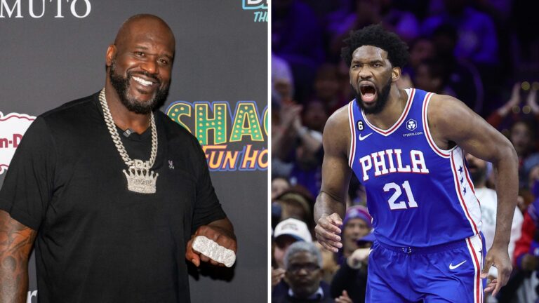Shaquille O’Neal smiling at an event wearing a crown necklace, alongside Joel Embiid passionately celebrating during a Philadelphia 76ers game.