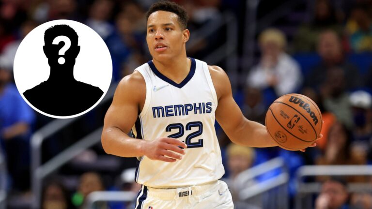 Desmond Bane in a Memphis Grizzlies jersey dribbling the ball, with a silhouette and question mark next to him, suggesting mystery around another p...