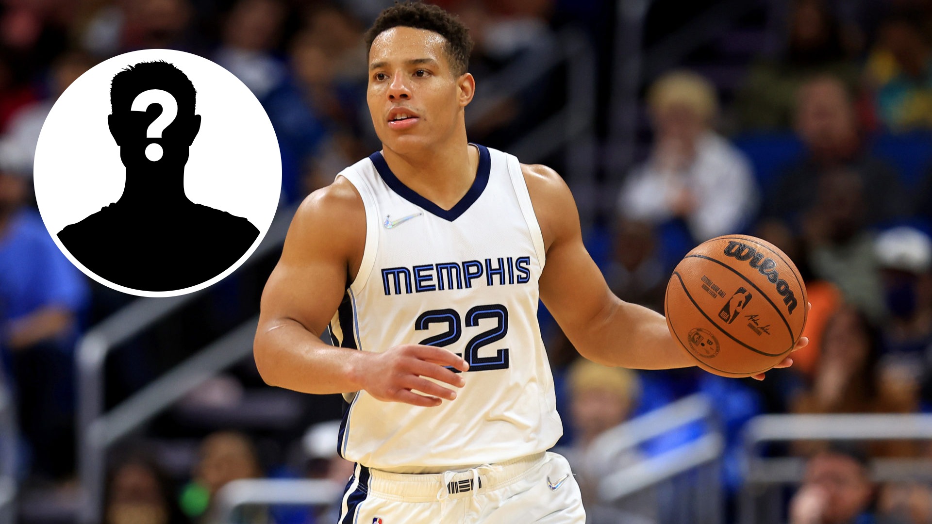 Desmond Bane in a Memphis Grizzlies jersey dribbling the ball, with a silhouette and question mark next to him, suggesting mystery around another p...