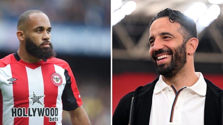 Bryan Mbeumo in a Brentford kit alongside a smiling Ruben Amorim, hinting at a potential transfer to Manchester United.