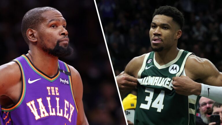 Kevin Durant in a Phoenix Suns jersey and Giannis Antetokounmpo in a Milwaukee Bucks jersey, featured side by side amid NBA trade speculation