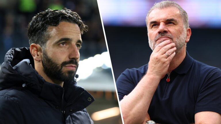 Ruben Amorim and Ange Postecoglou pictured side by side, both deep in thought during separate football matches, highlighting the contrast between t...
