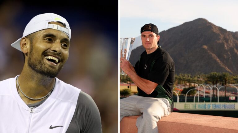 Nick Kyrgios smiling during a tennis match (left); Jack Draper posing with the 2025 Indian Wells trophy in front of a mountain backdrop (right).