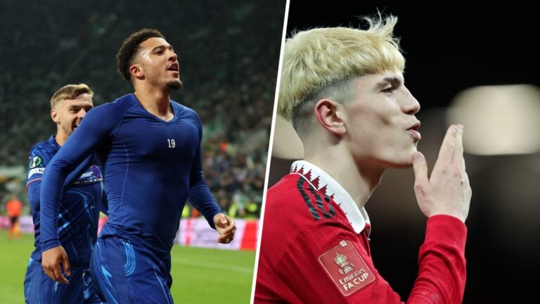 plit image of two football players: on the left, Jadon Sancho in a blue kit celebrating on the pitch with teammates in the background; on the right...