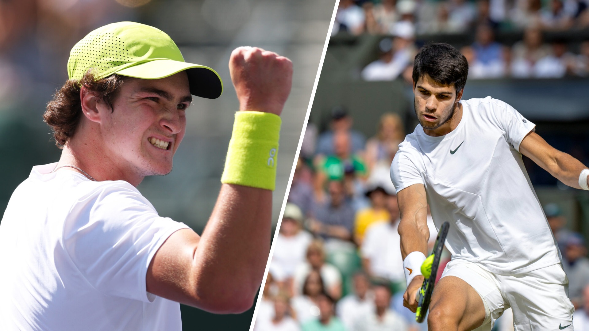 Split image of Joao Fonseca (left) celebrating with a clenched fist and Carlos Alcaraz (right) hitting a forehand during a match at Wimbledon.