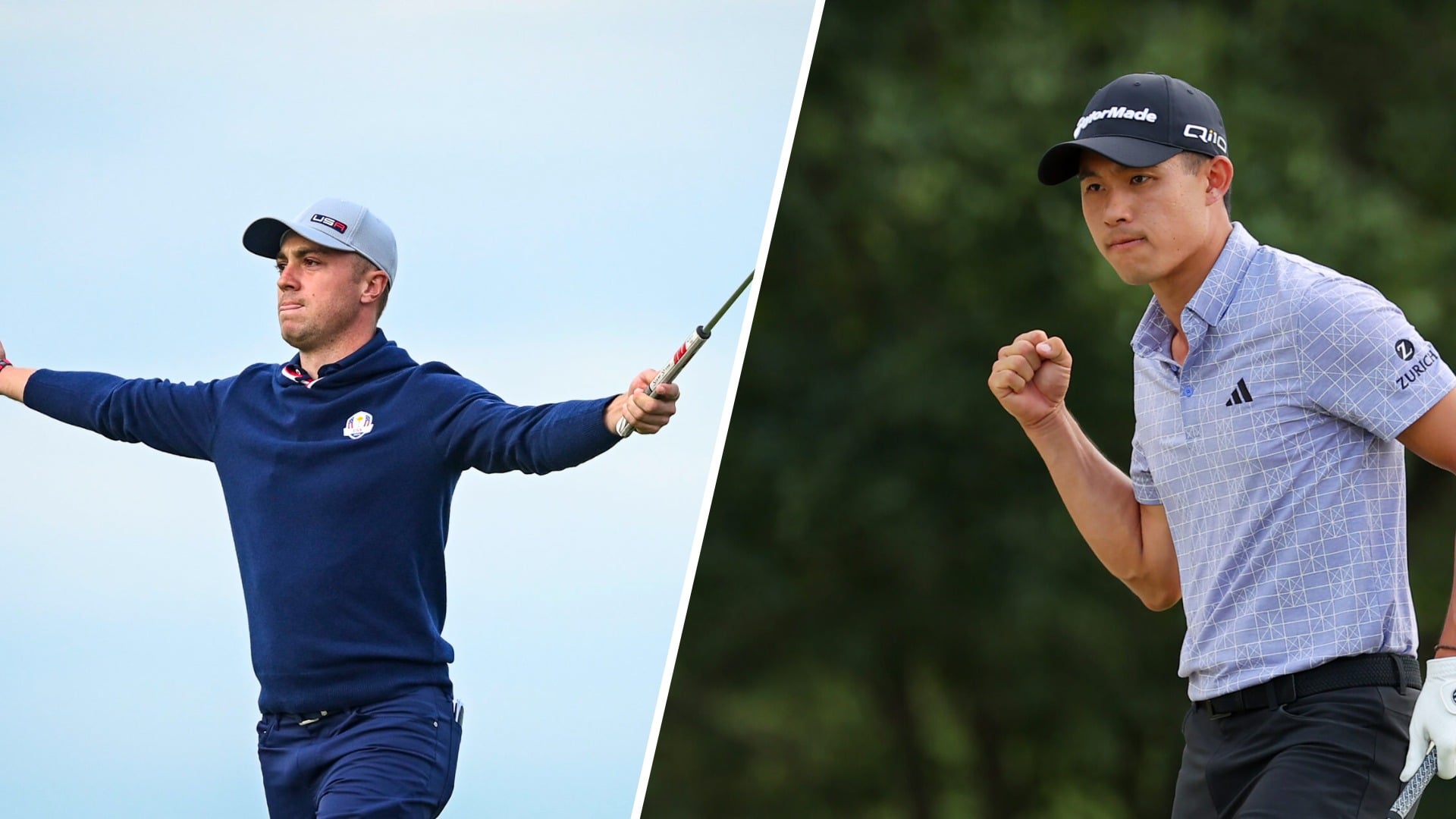 Split image showing Justin Thomas with arms outstretched after a shot on the left, and Collin Morikawa clenching his fist in celebration on the right.