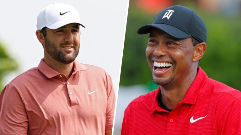 Scottie Scheffler (left) looks on and Tiger Woods (right) smiling