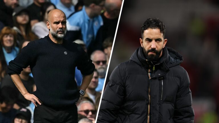 Split image showing two football managers: on the left, Pep Guardiola stands with hands on hips during a match, wearing a black sweater; on the rig...