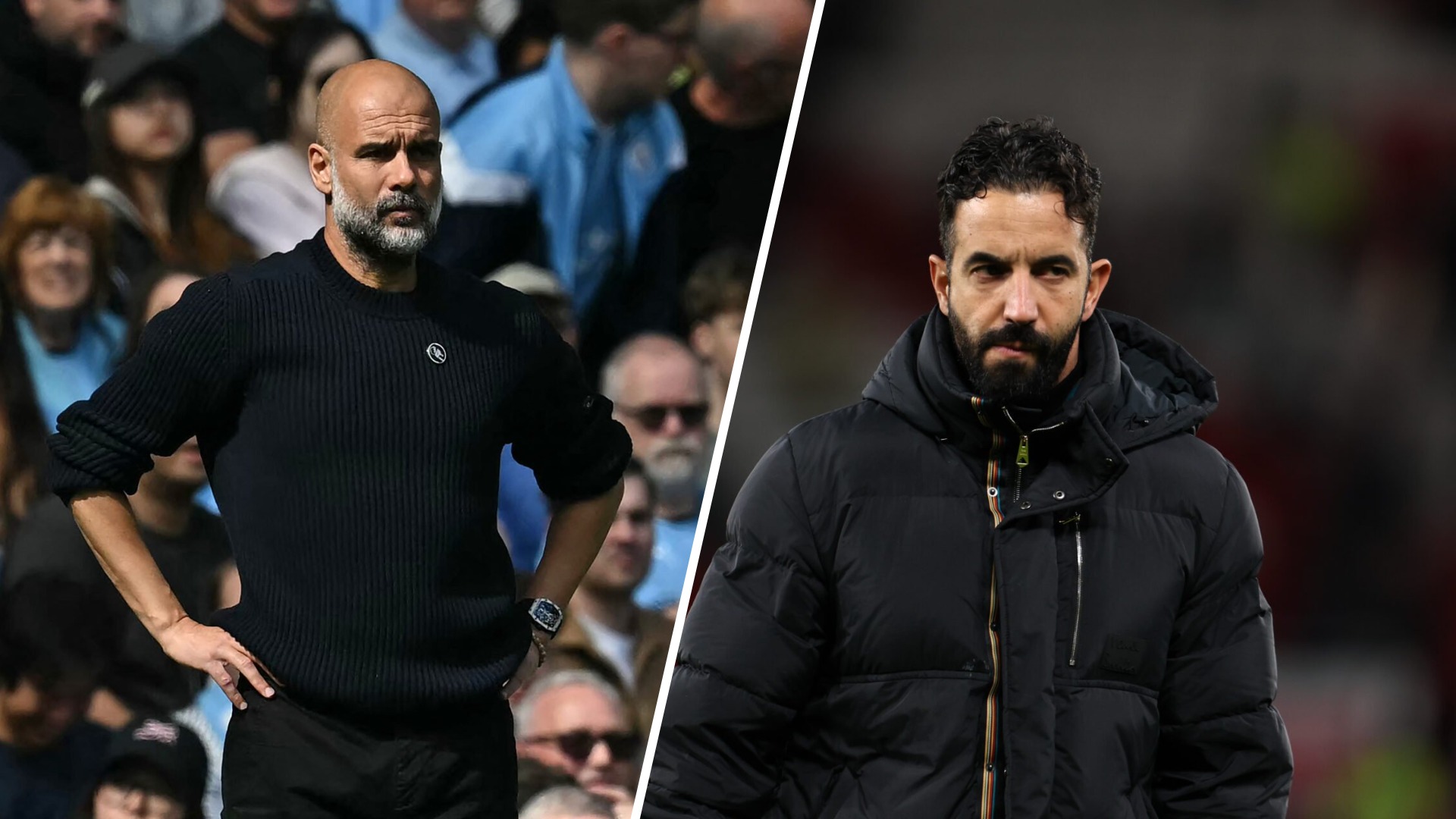 Split image showing two football managers: on the left, Pep Guardiola stands with hands on hips during a match, wearing a black sweater; on the rig...