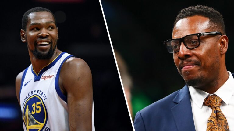 Split image featuring Kevin Durant on the left, smiling in a Golden State Warriors jersey during a game, and Paul Pierce on the right, dressed in a...