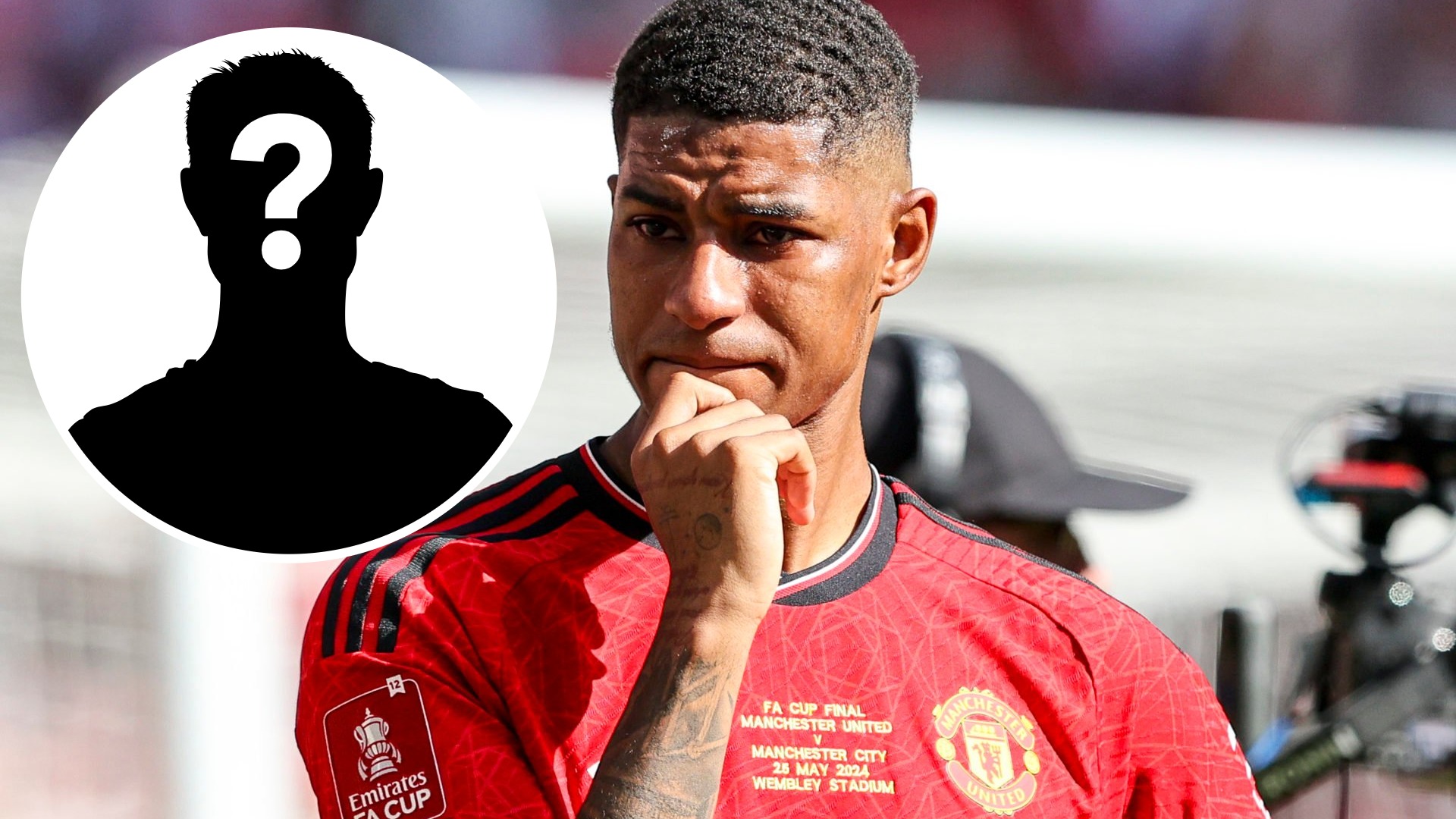 Marcus Rashford looks pensive in a Manchester United shirt during the FA Cup final, with a silhouette of a mystery player beside him, suggesting un...