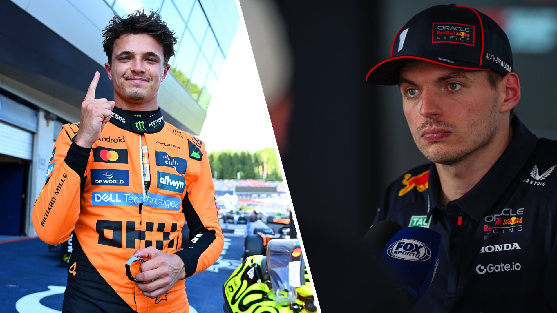 Lando Norris celebrating with a raised finger after a race win, wearing McLaren gear; beside him, Max Verstappen appears serious during a Red Bull ...