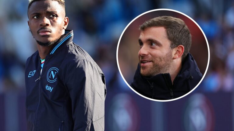 Victor Osimhen wearing a Napoli jacket looks to the side during a match, with a circular inset showing journalist Fabrizio Romano smiling.