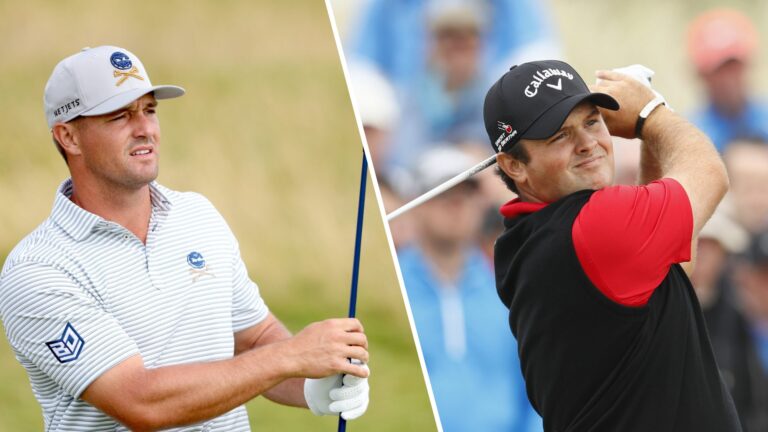 Side-by-side image of Bryson DeChambeau (left) and Patrick Reed (right) swinging their golf clubs during tournament play, both focused and in mid-a...