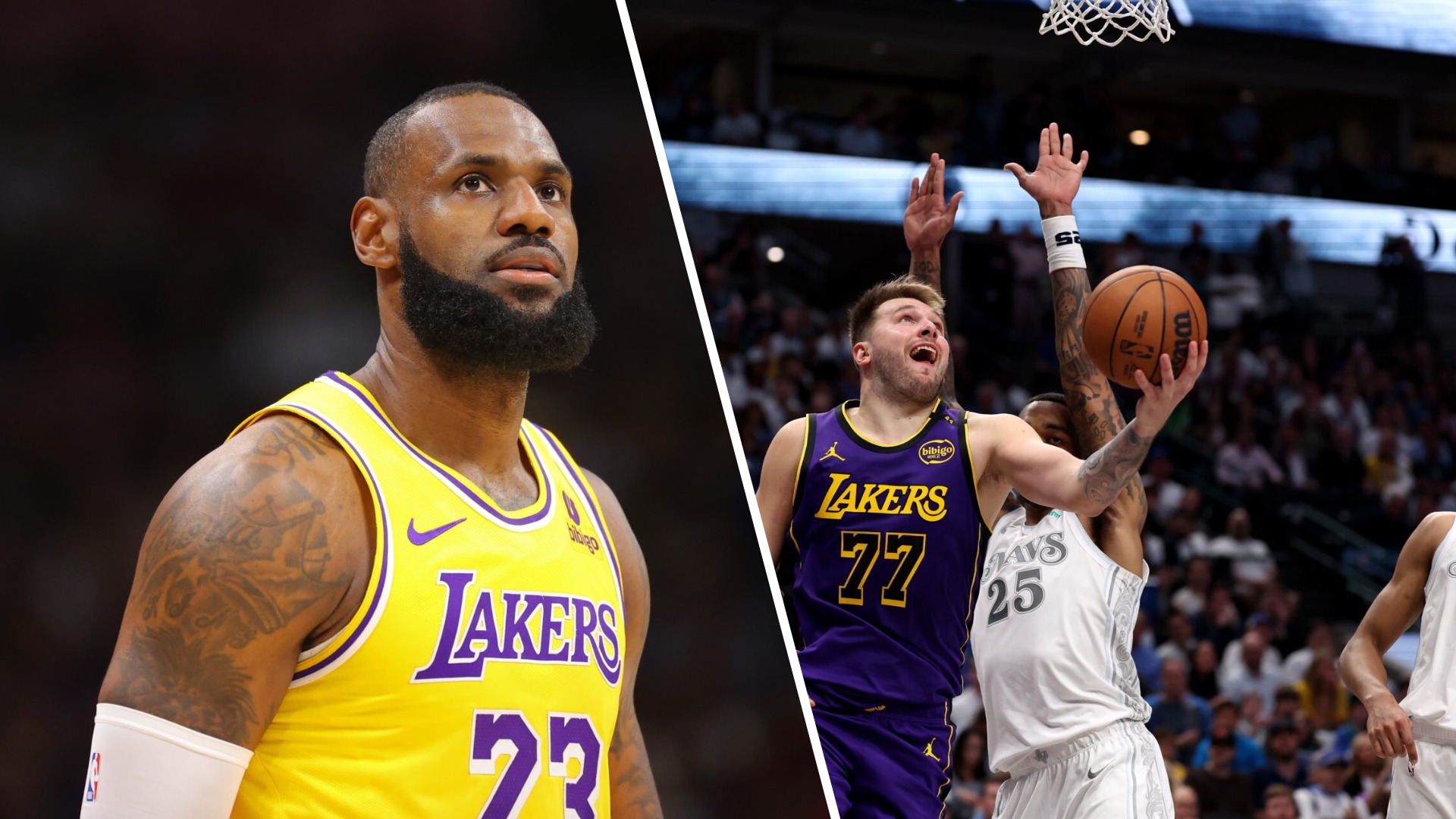 Split image showing LeBron James in a yellow Los Angeles Lakers jersey looking focused, and Luka Doncic wearing a purple Lakers jersey driving to t...