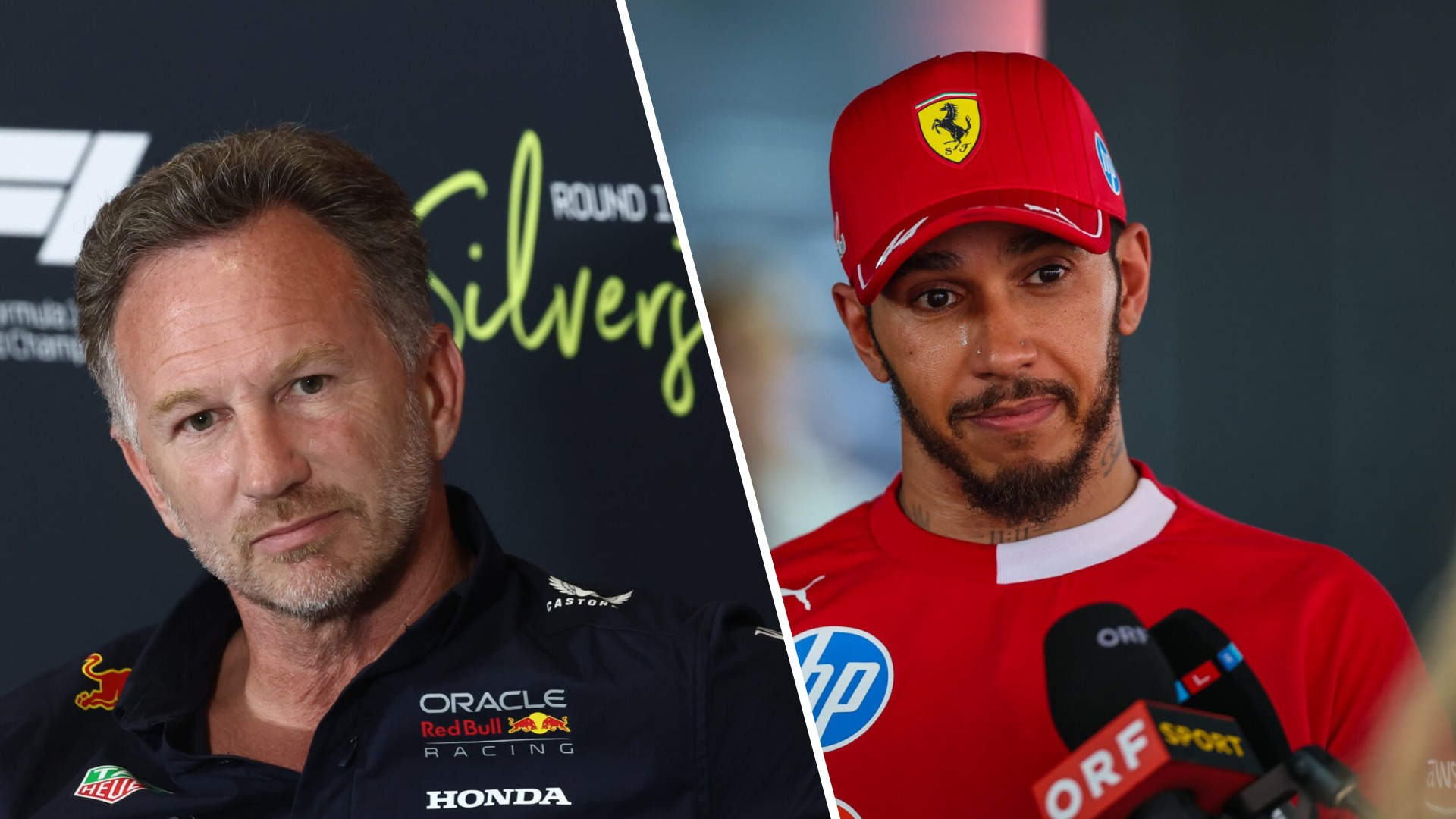 Split image showing Christian Horner in Red Bull team gear at a press conference, and Lewis Hamilton in a red Ferrari cap speaking to the media.