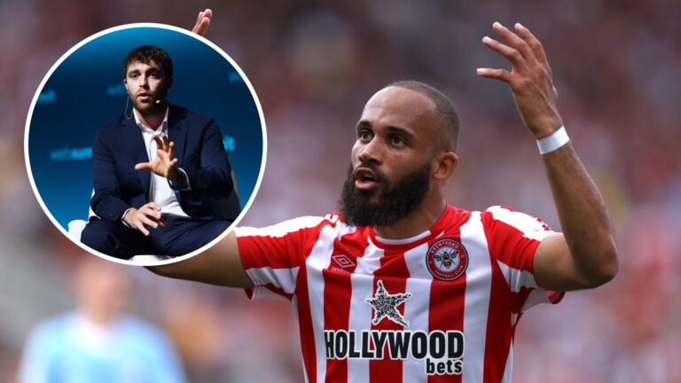 Bryan Mbeumo gestures during a Brentford match, with an inset showing Fabrizio Romano speaking at an event.