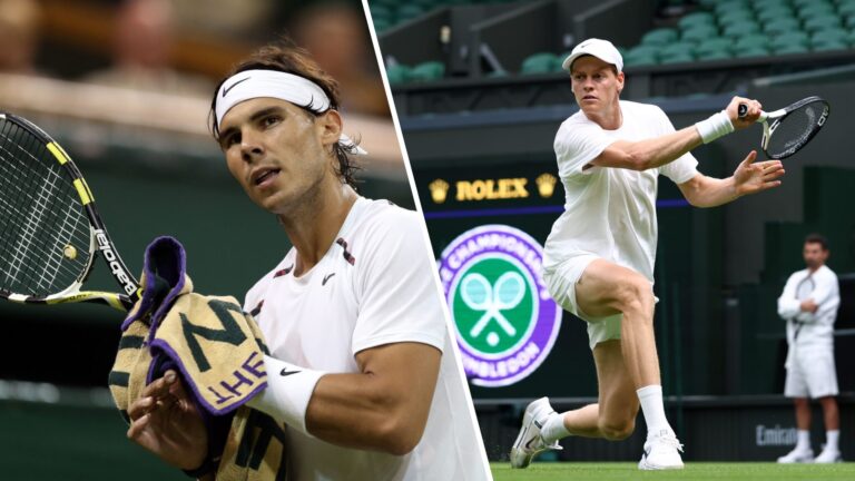 Rafael Nadal holding his towel during a match at Wimbledon alongside Jannik Sinner hitting a forehand on Centre Court.