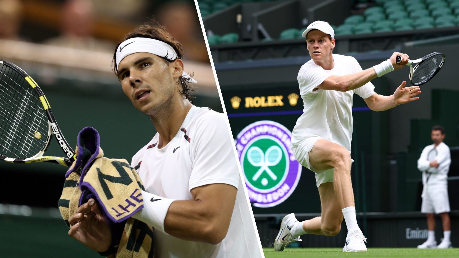 Rafael Nadal holding his towel during a match at Wimbledon alongside Jannik Sinner hitting a forehand on Centre Court.