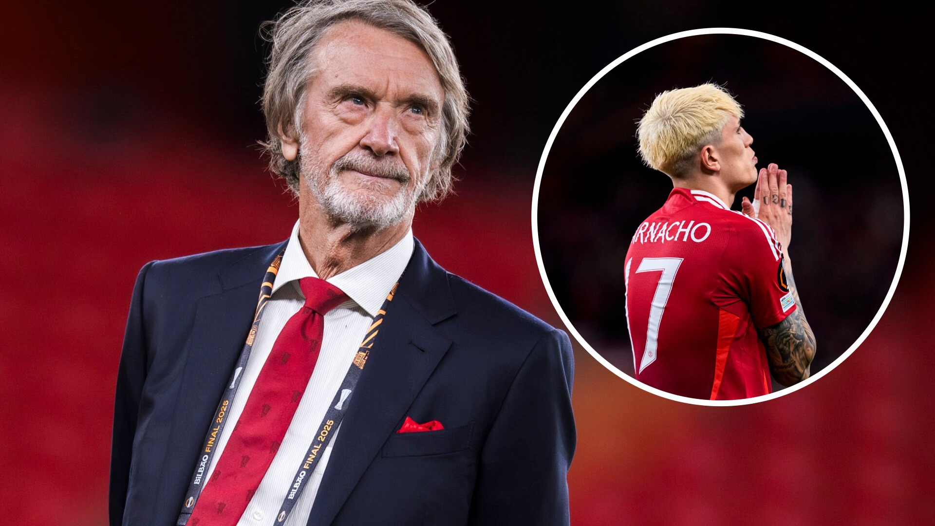 Sir Jim Ratcliffe at the stadium, with an inset image of Alejandro Garnacho praying in a Manchester United shirt.