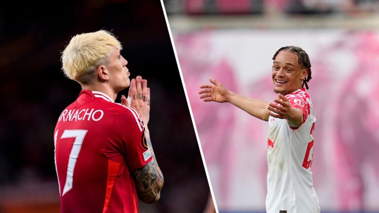 Split image of Manchester United's Alejandro Garnacho with hands in prayer gesture and RB Leipzig's Xavi Simons smiling with open arms during matches.