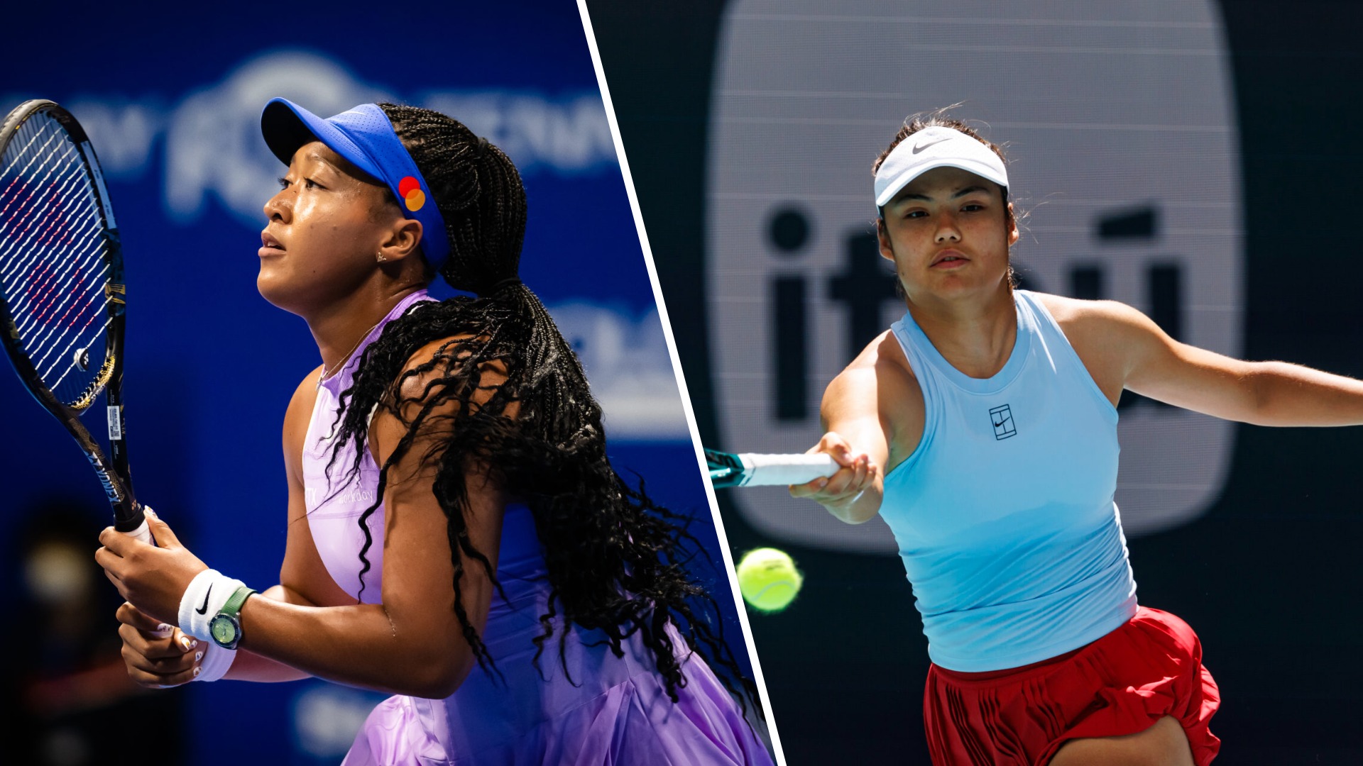 Naomi Osaka and Emma Raducanu in action during Miami Open matches.