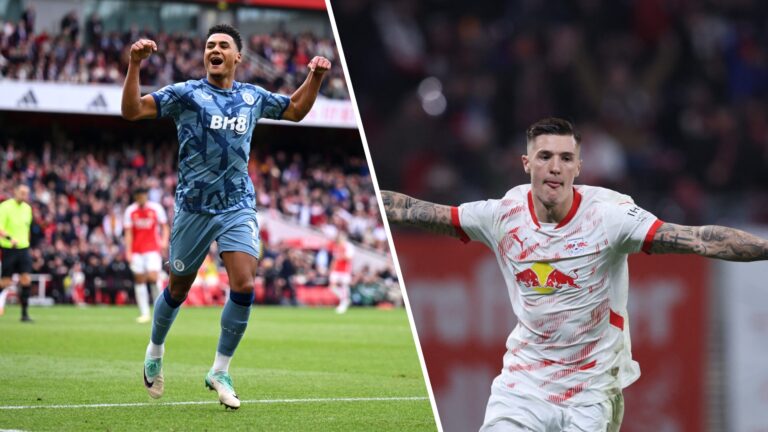Ollie Watkins celebrates goal for Aston Villa in blue away kit; Benjamin Sesko celebrates for RB Leipzig with arms outstretched during Bundesliga m...