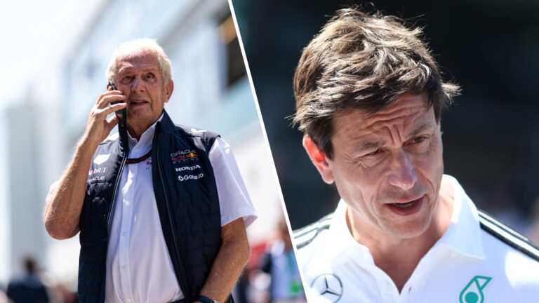 Helmut Marko of Red Bull (left) speaks on the phone in the paddock, while Toto Wolff of Mercedes (right) looks serious during a Formula 1 race week...