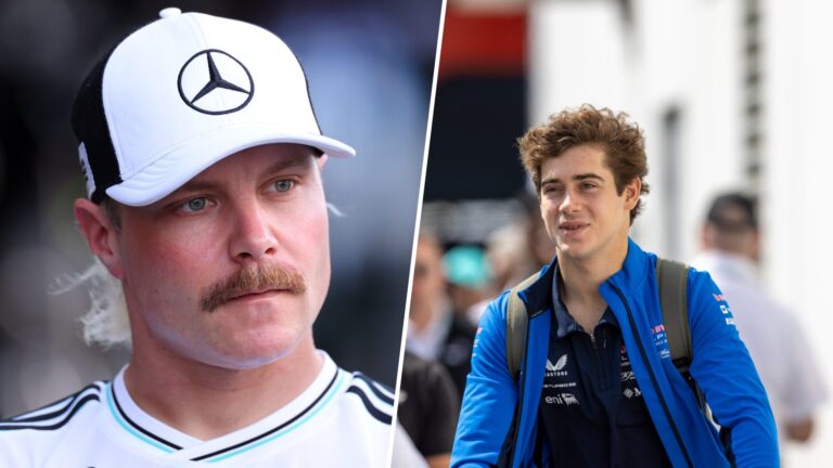 Side-by-side image of Valtteri Bottas wearing a white Mercedes cap and Franco Colapinto in an Alpine F1 team shirt and backpack.