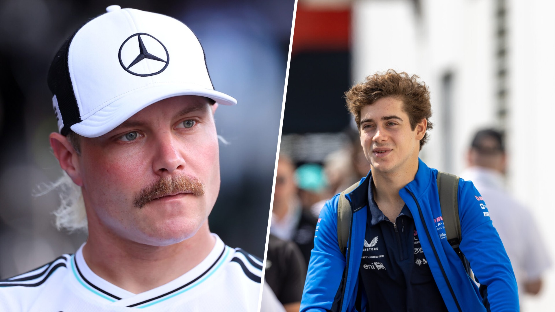 Side-by-side image of Valtteri Bottas wearing a white Mercedes cap and Franco Colapinto in an Alpine F1 team shirt and backpack.