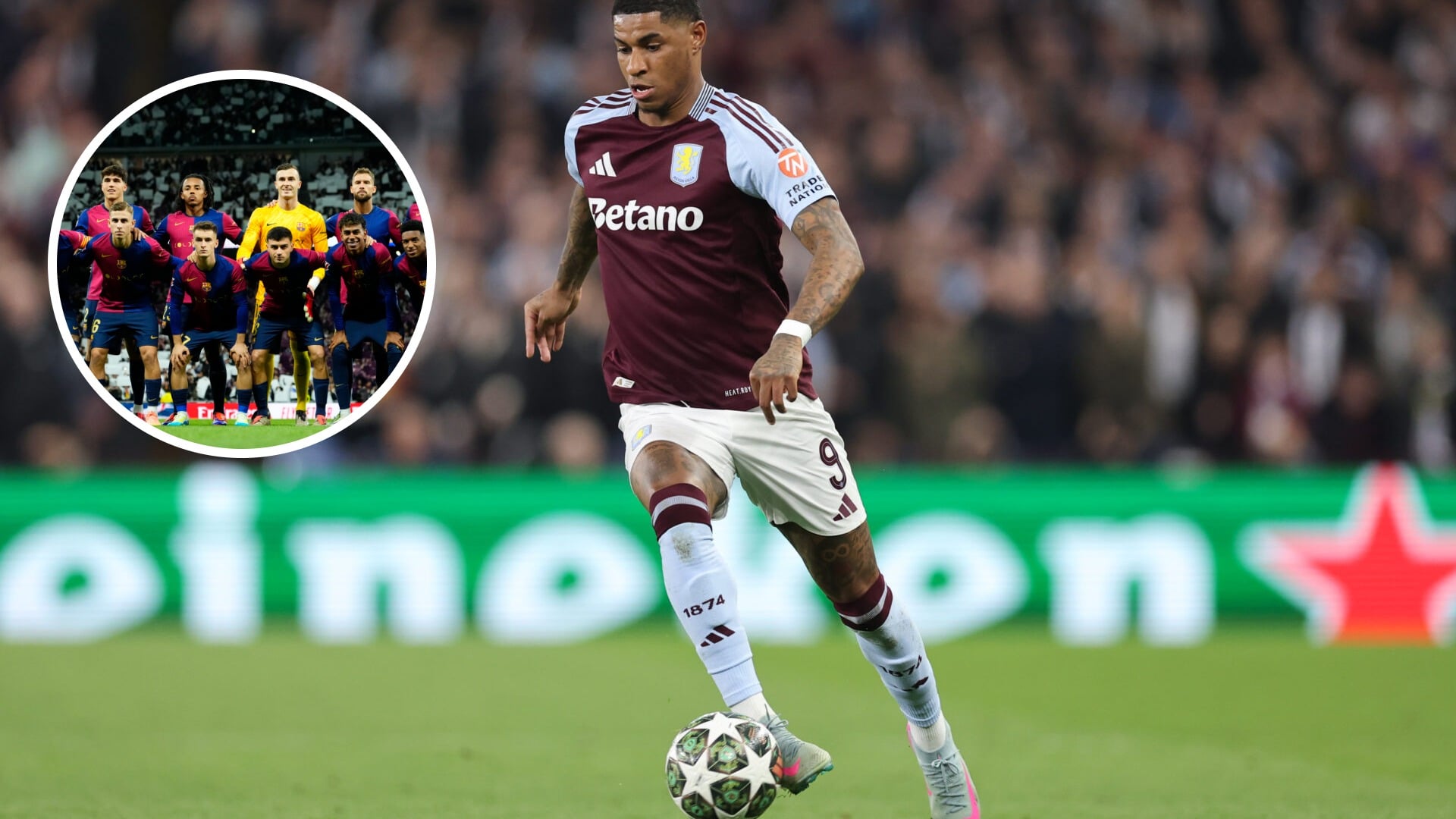 Marcus Rashford in action for Aston Villa during a match, with an inset image showing Barcelona players posing for a team photo.