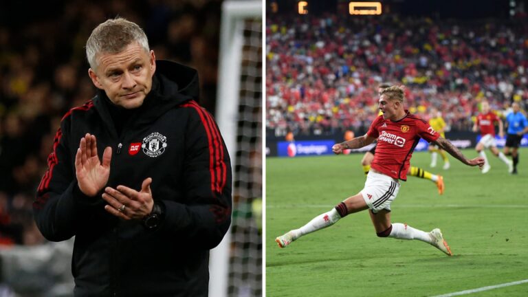 Split image: on the left, Ole Gunnar Solskjaer claps while wearing a Manchester United jacket; on the right, Brandon Williams takes a shot during a...
