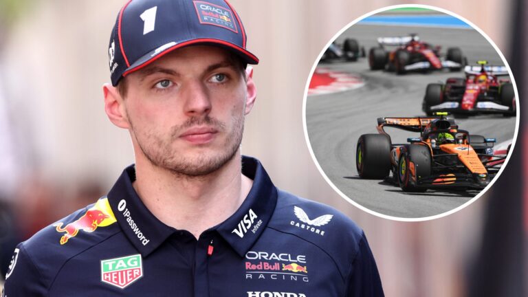 Max Verstappen wearing Red Bull Racing gear looking serious, with an inset image showing a Formula 1 race featuring McLaren and Ferrari cars on track.