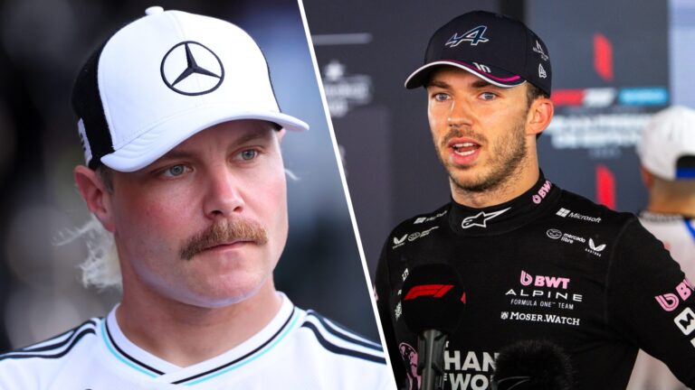 Split image showing two Formula 1 drivers — on the left, Valtteri Bottas in Mercedes team gear with a serious expression, and on the right, Pierre ...