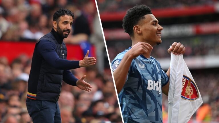 Ruben Amorim gestures from the touchline during a match, while Ollie Watkins holds an Arsenal corner flag after scoring for Aston Villa, suggesting...