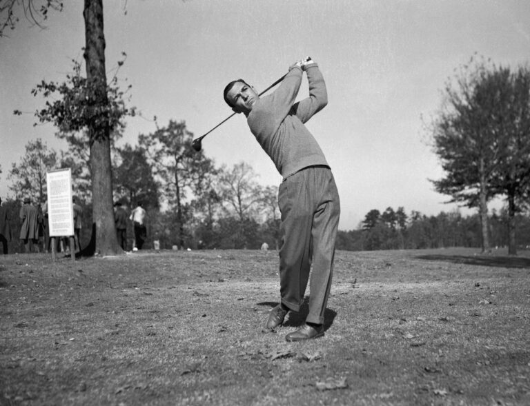 Making one of the most spectacular comebacks in modern sports history, Ben Hogan is shown swinging his golf club during a three-way playoff, for th...