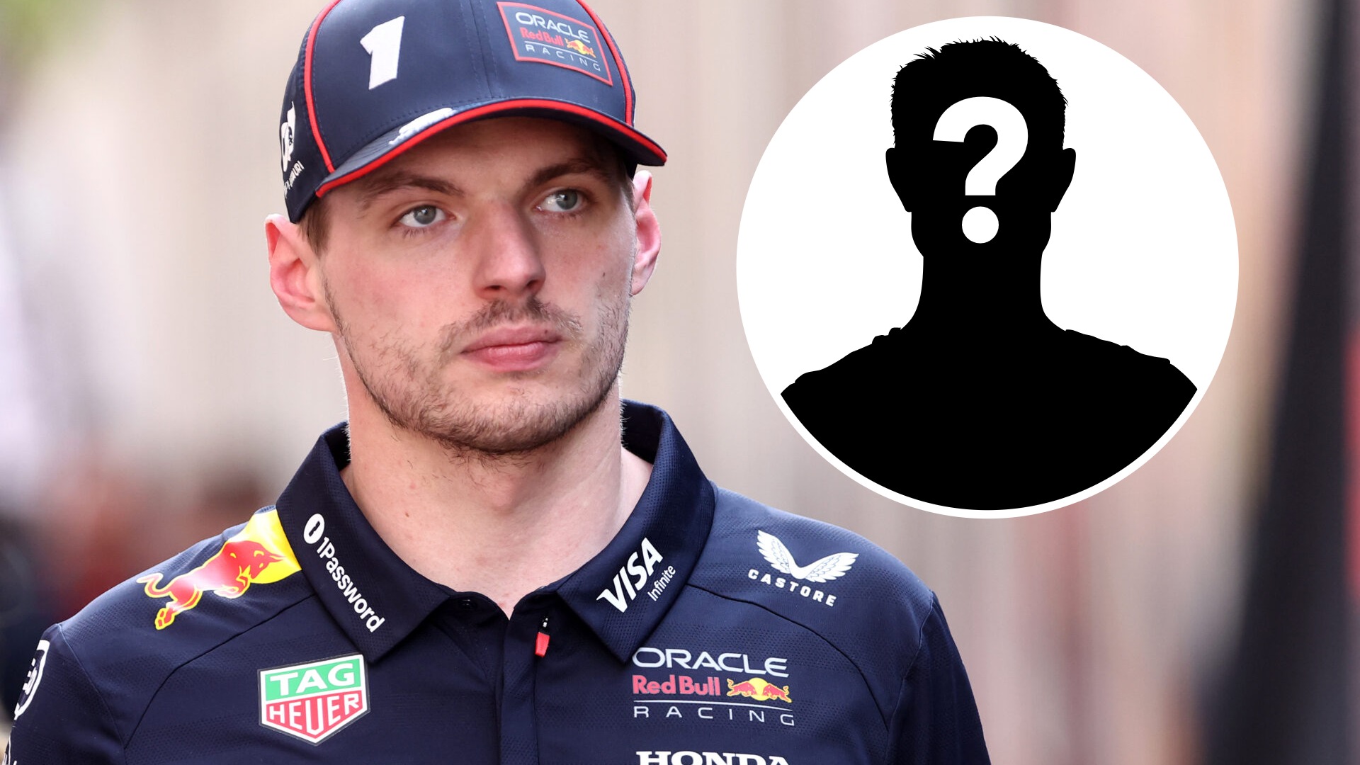 Formula 1 driver wearing Red Bull team uniform next to a silhouette with a question mark representing an unidentified person