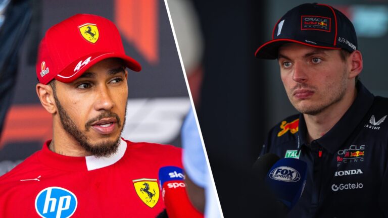 Lewis Hamilton wearing a red Ferrari cap and shirt next to Max Verstappen in a dark Red Bull cap and team kit during Formula 1 interviews
