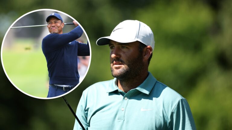 Scottie Scheffler looks on during a round of golf, with an inset image of Tiger Woods swinging a club.