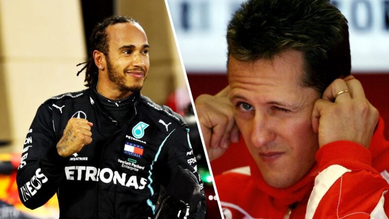 Split image of Lewis Hamilton celebrating in his Mercedes race suit and Michael Schumacher in Ferrari gear covering his ears with his fingers
