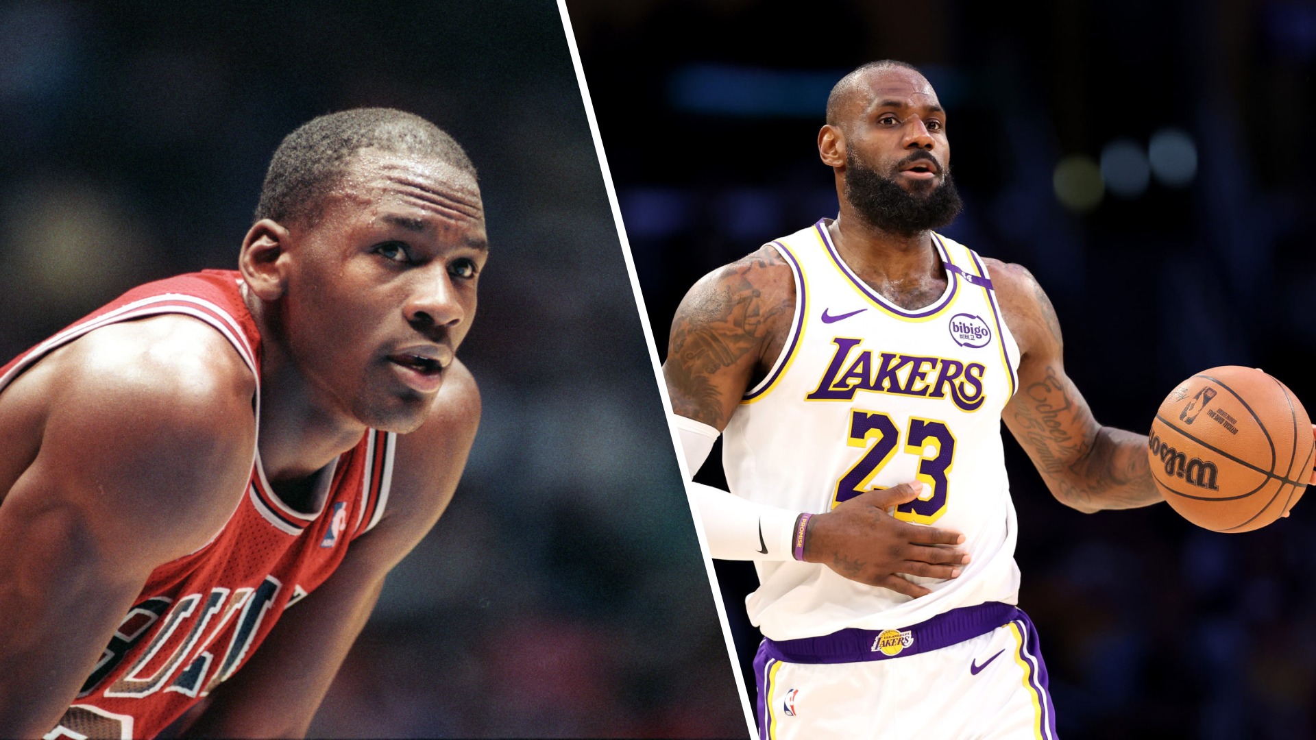 Split image of Michael Jordan in a Chicago Bulls jersey during a game and LeBron James in a Los Angeles Lakers jersey dribbling a basketball