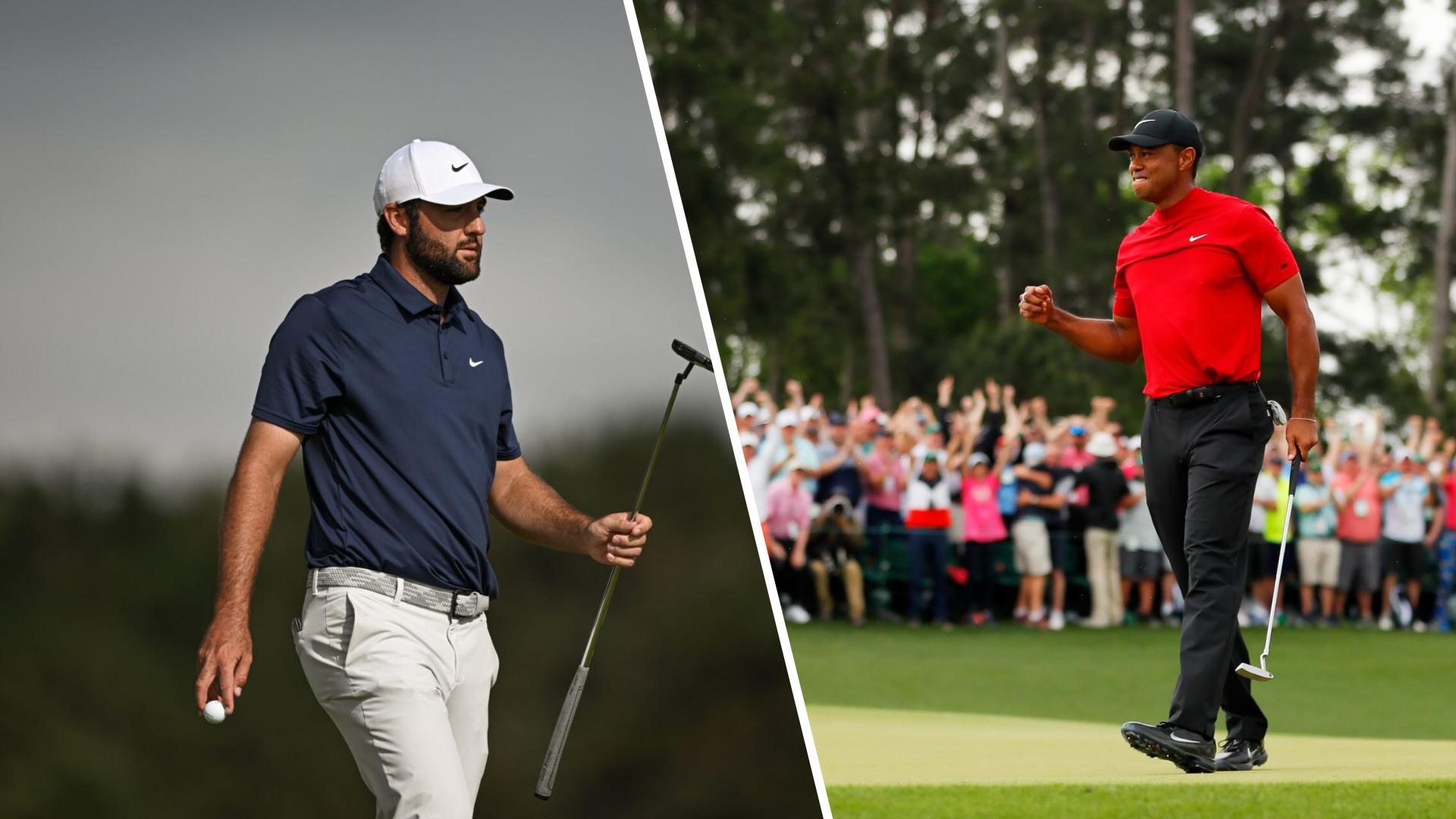 split image of Scottie Scheffler walking with a golf club on the left and Tiger Woods celebrating a putt in his iconic red shirt on the right