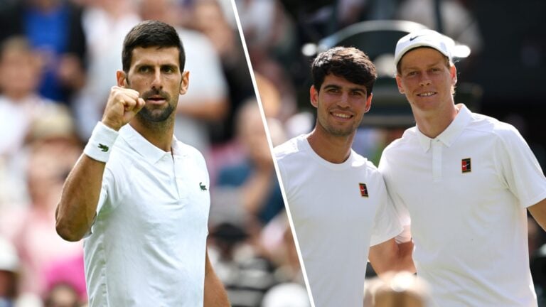 On the left, Novak Djokovic pumps his fist after a point. On the right, Carlos Alcaraz stands smiling beside Jannik Sinner, both wearing white tenn...