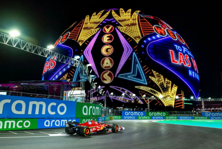 Ferrari driver Charles Leclerc navigates turns near the Sphere during the Formula One opening practice session of the Las Vegas Grand Prix on Nov. ...