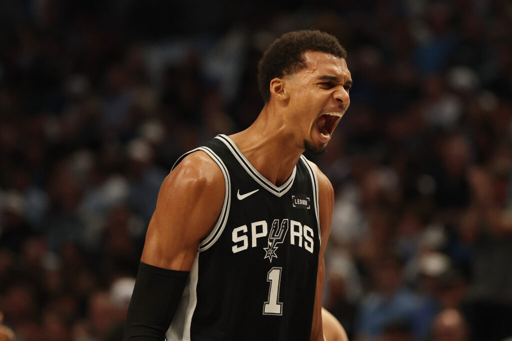 Victor Wembanyama #1 of the San Antonio Spurs reacts to a score during the first half against the Dallas Mavericks at American Airlines Center.