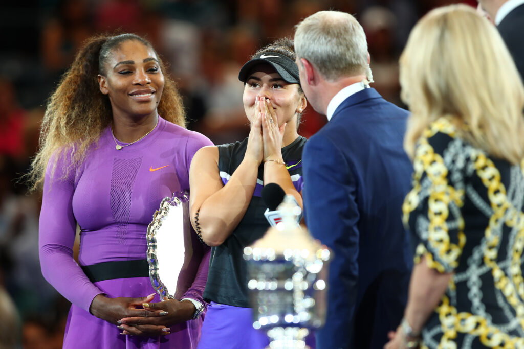 Bianca Andreescu of Canada reacts as she is interviewed by ESPN Reporter Tom Rinaldi during the trophy presentation ceremony after winning the Women's Singles final against Serena Williams of the United States on day thirteen of the 2019 US Open.