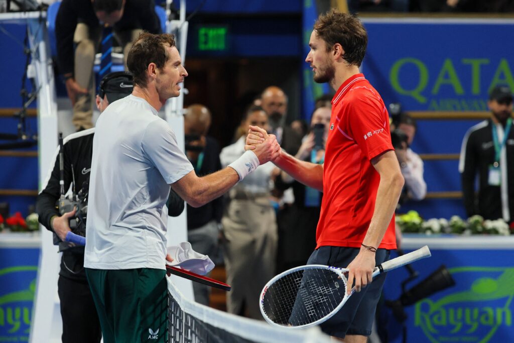 Daniil Medvedev shakes hands with Andy Murray after beating him to win the 2023 Qatar Open.