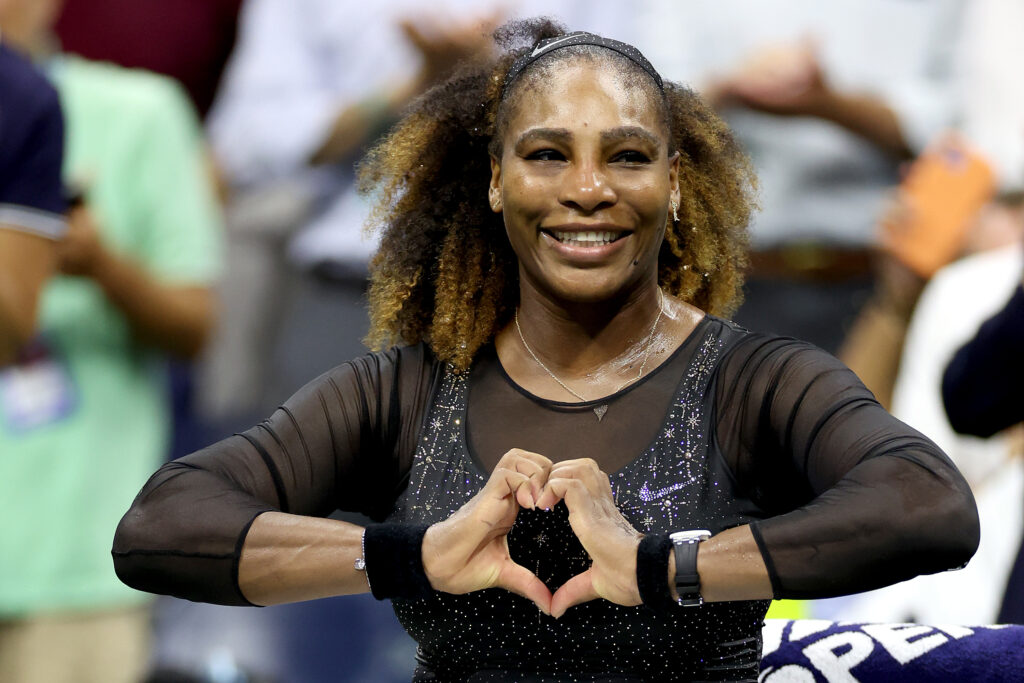 Serena Williams of the United States celebrates after defeating Danka Kovinic of Montenegro during the Women's Singles First Round on Day One of the 2022 US Open at USTA Billie Jean King National Tennis Center on August 29, 2022 in the Flushing neighborhood of the Queens borough of New York City.
