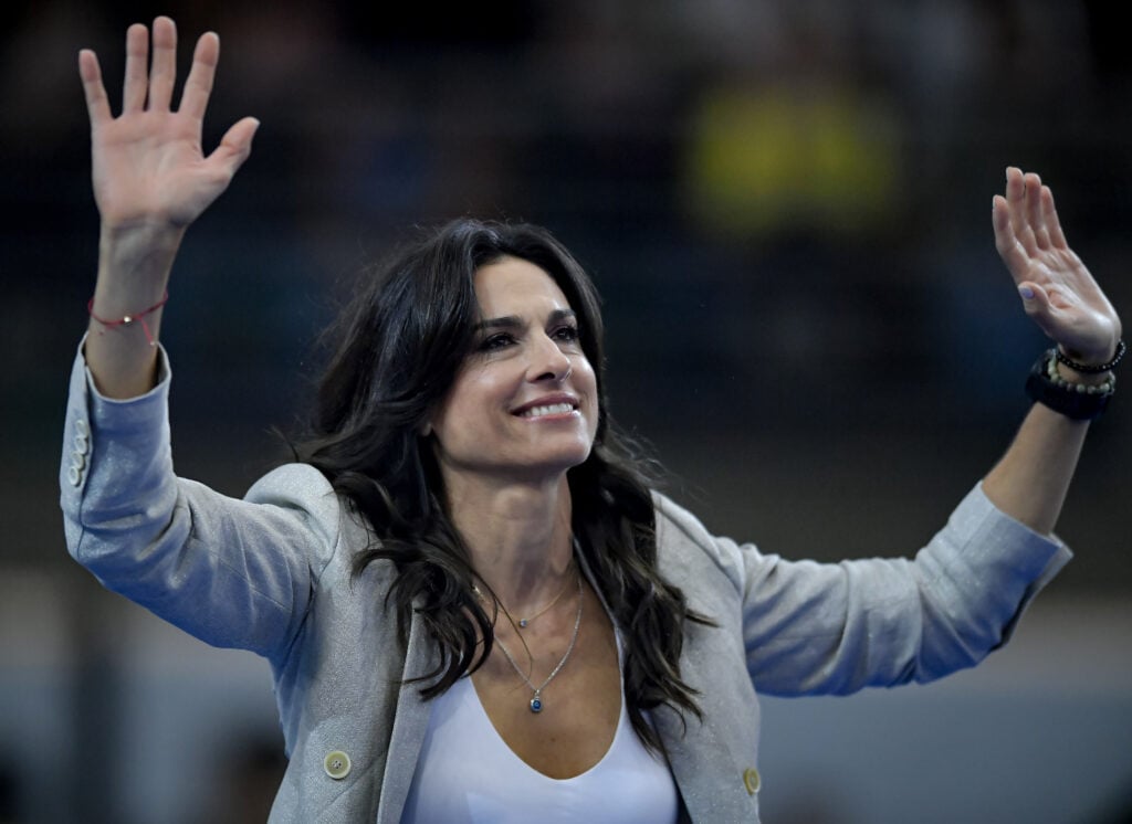 Gabriela Sabatini greets fans prior to a farewell game between Juan Martin Del Potro and Novak Djokovic.