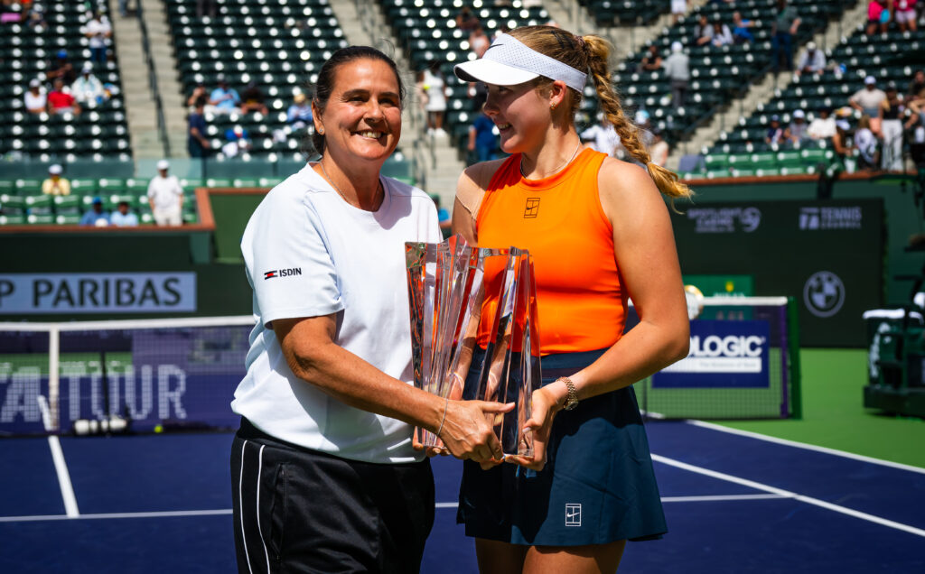 Mirra Andreeva pictured alongside coach Conchita Martinez after winning the Indian Wells title.